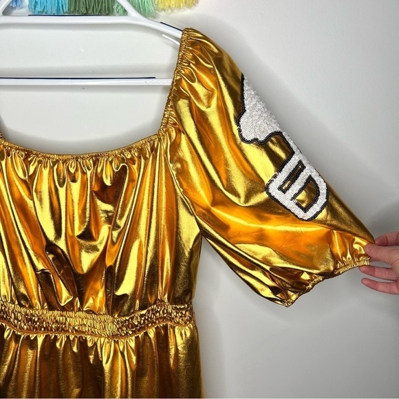 Fantastic Fawn Metallic Gold Sequin Helmet Puff Sleeve Touchdown Mini Dress - Picture 8 of 17